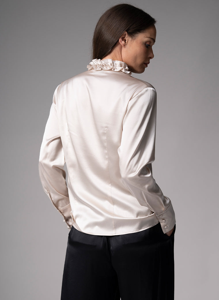CONSTANCE CHAMPAGNE RUFFLE COLLAR SILK SATIN EVENING BLOUSE