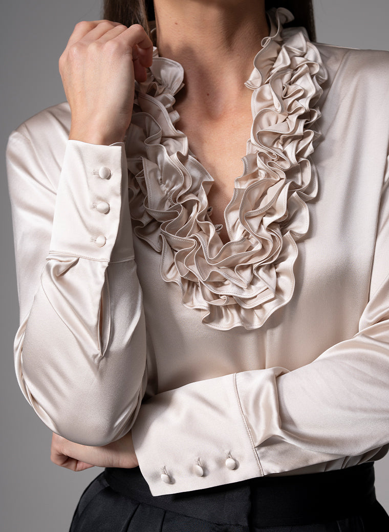 CONSTANCE CHAMPAGNE RUFFLE COLLAR SILK SATIN EVENING BLOUSE