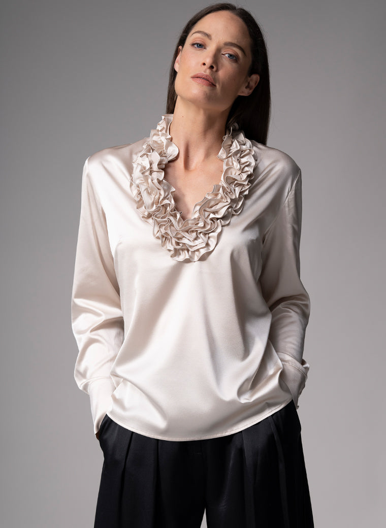 CONSTANCE CHAMPAGNE RUFFLE COLLAR SILK SATIN EVENING BLOUSE