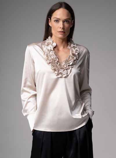 CONSTANCE CHAMPAGNE RUFFLE COLLAR SILK SATIN EVENING BLOUSE