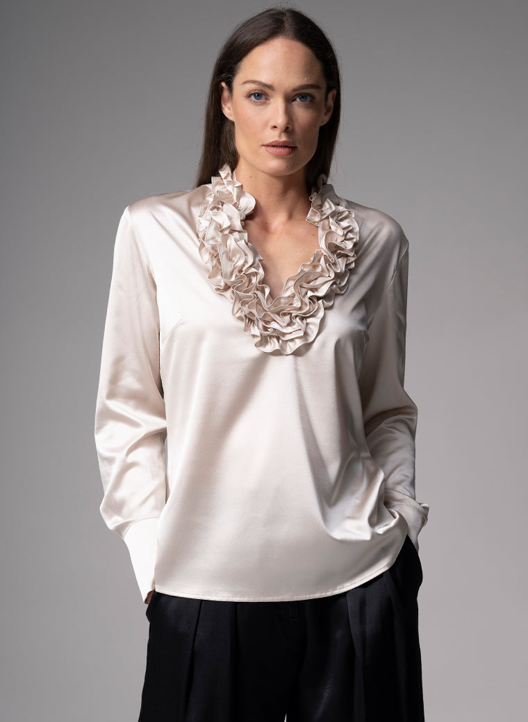 CONSTANCE CHAMPAGNE RUFFLE COLLAR SILK SATIN EVENING BLOUSE