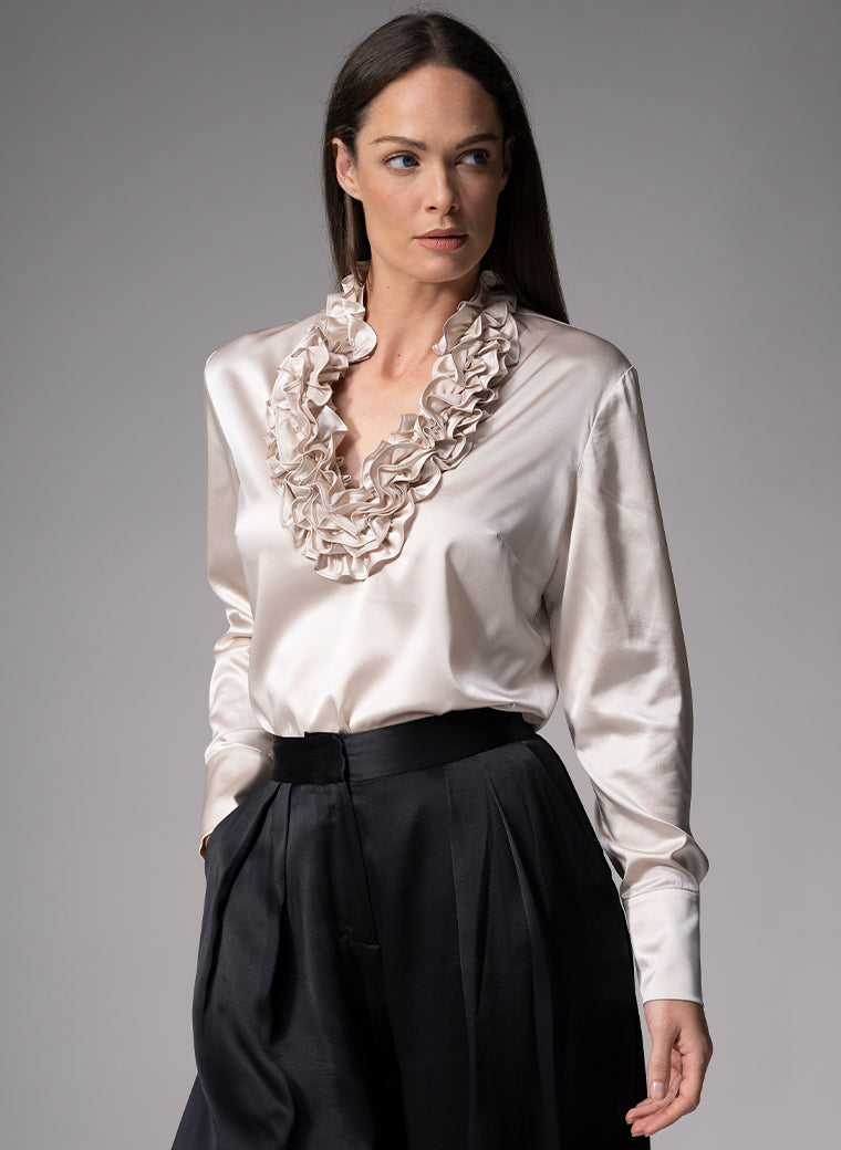 CONSTANCE CHAMPAGNE RUFFLE COLLAR SILK SATIN EVENING BLOUSE
