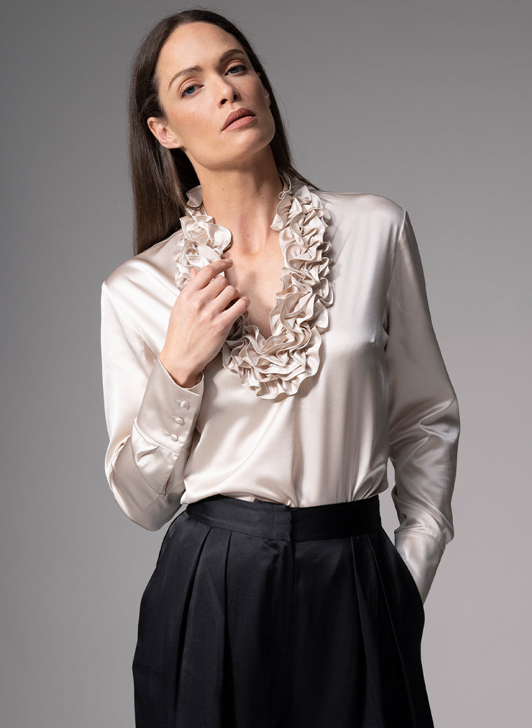 CONSTANCE CHAMPAGNE RUFFLE COLLAR SILK SATIN EVENING BLOUSE