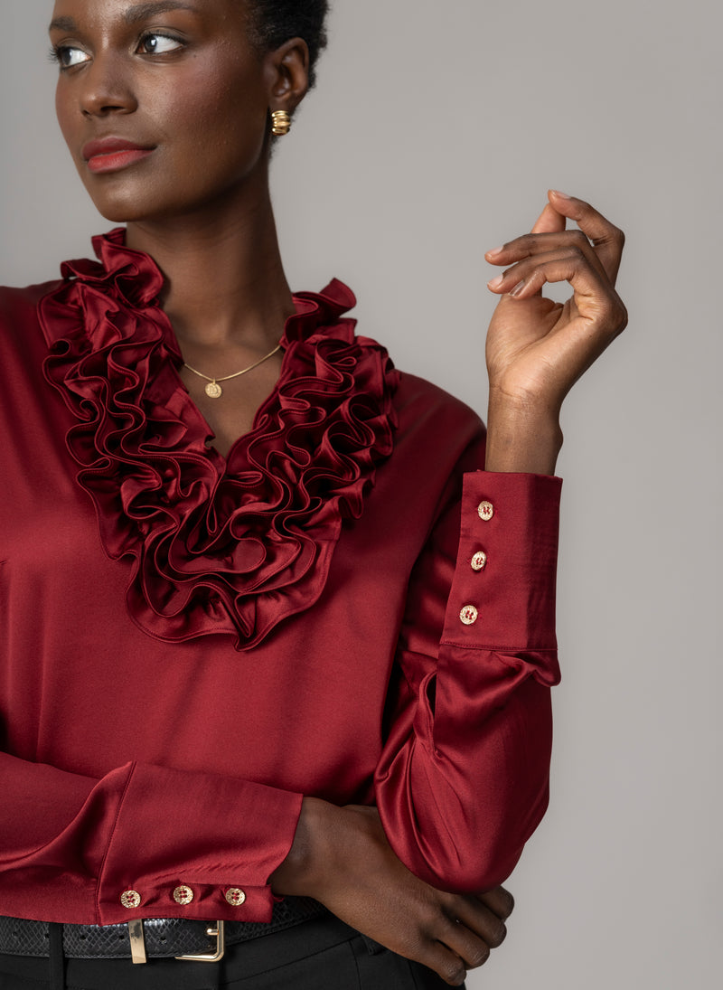 Constance Claret Ruffle Collar Silk Satin Evening Blouse