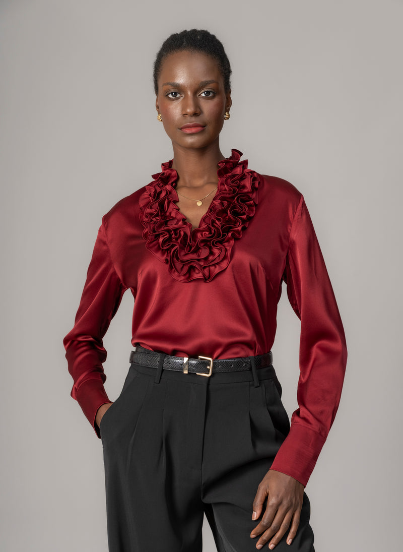 Constance Claret Ruffle Collar Silk Satin Evening Blouse