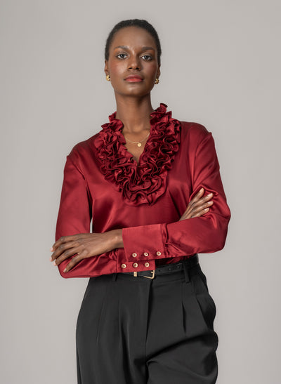 Constance Claret Ruffle Collar Silk Satin Evening Blouse