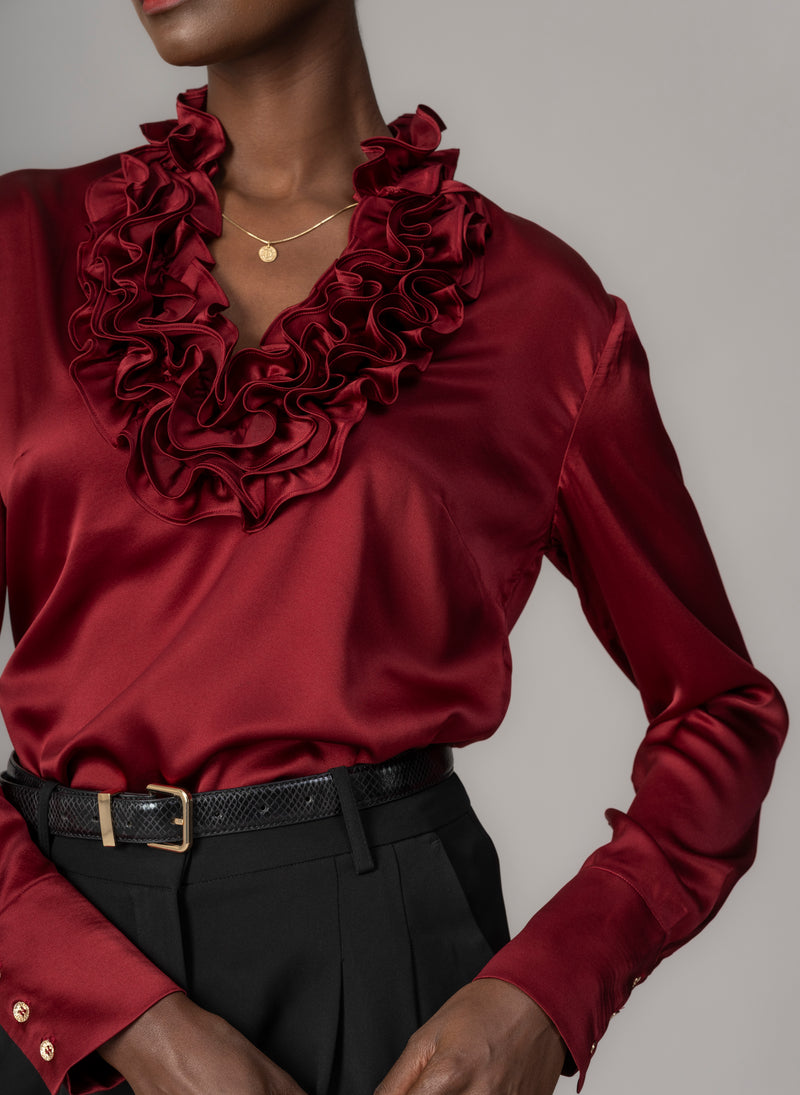 Constance Claret Ruffle Collar Silk Satin Evening Blouse