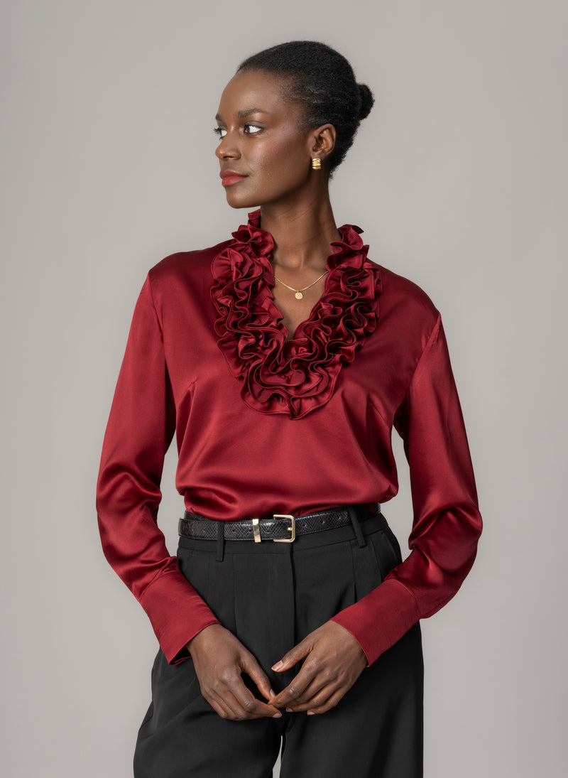 Constance Claret Ruffle Collar Silk Satin Evening Blouse