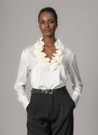 Constance Ivory Ruffle Collar Silk Satin Evening Blouse