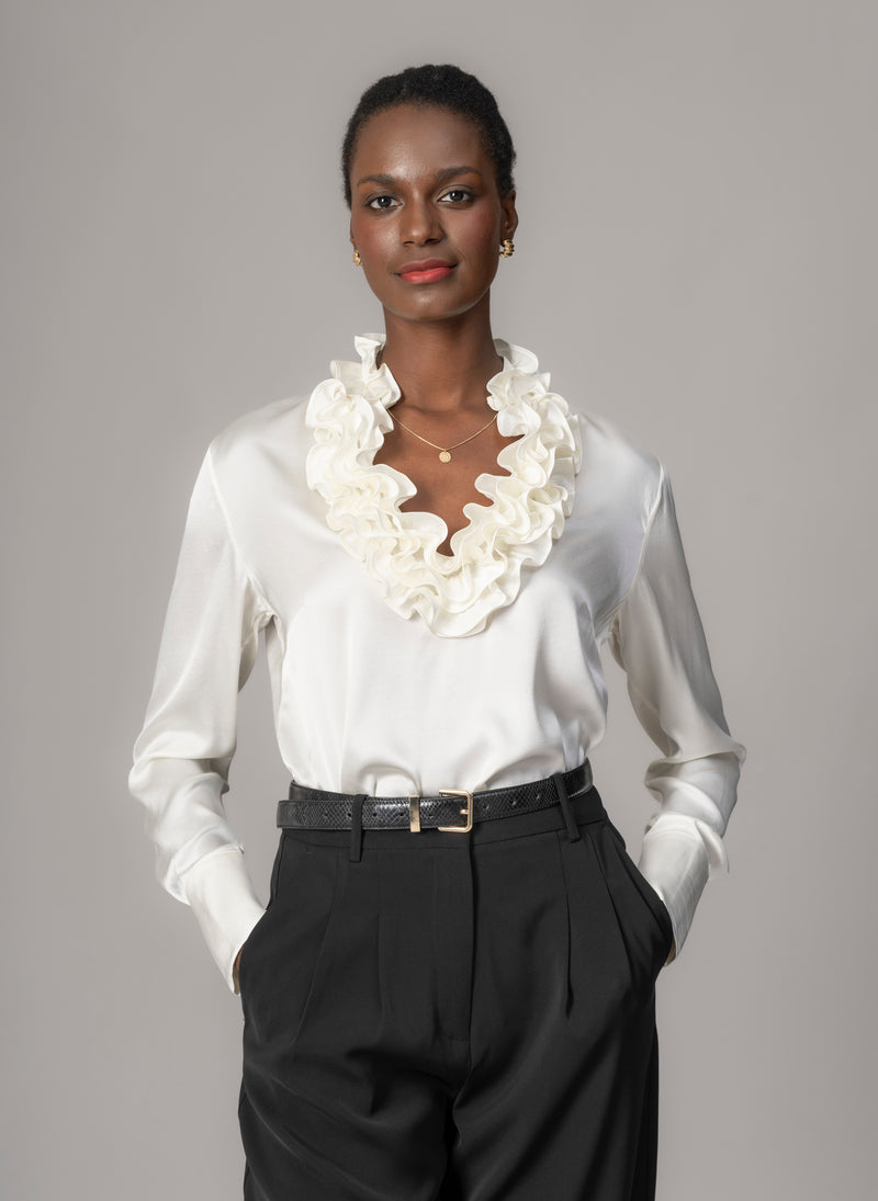 Constance Ivory Ruffle Collar Silk Satin Evening Blouse