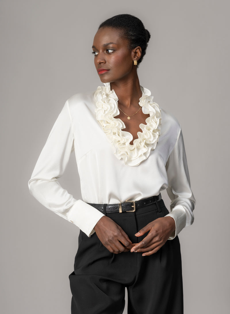 Constance Ivory Ruffle Collar Silk Satin Evening Blouse