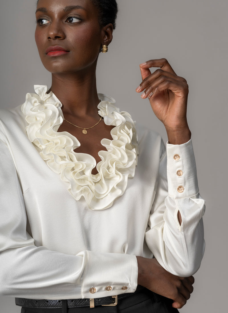Constance Ivory Ruffle Collar Silk Satin Evening Blouse