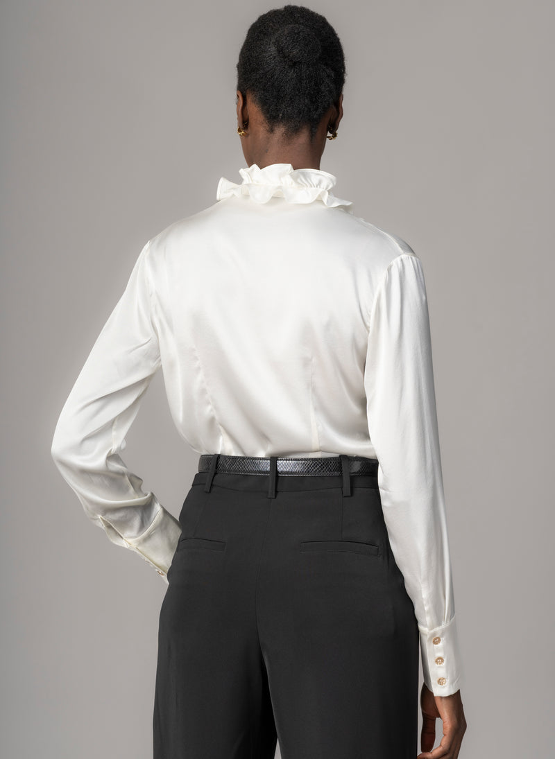 Constance Ivory Ruffle Collar Silk Satin Evening Blouse