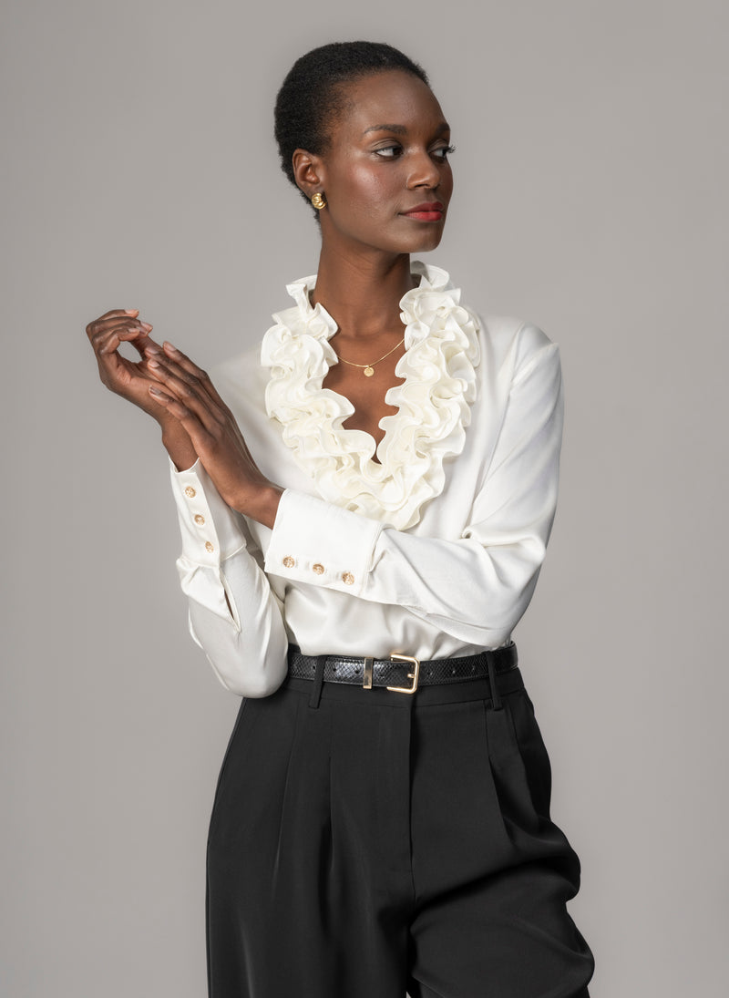 Constance Ivory Ruffle Collar Silk Satin Evening Blouse