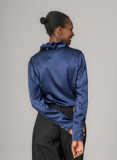 Constance Sapphire Ruffle Collar Silk Satin Evening Blouse
