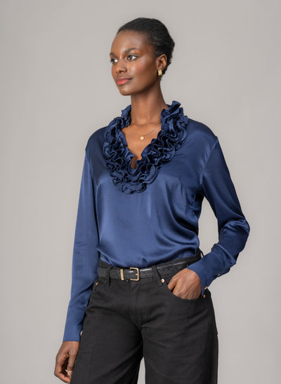 Constance Sapphire Ruffle Collar Silk Satin Evening Blouse