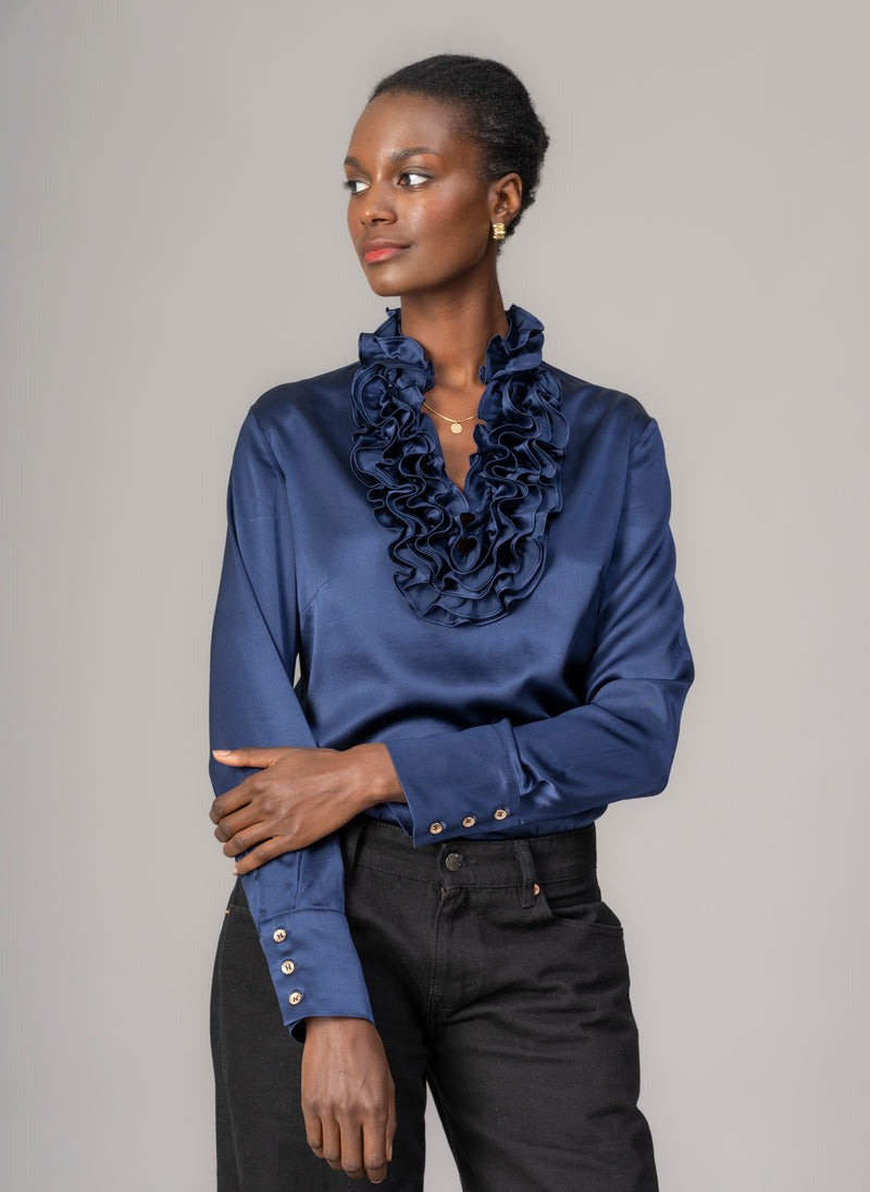 Constance Sapphire Ruffle Collar Silk Satin Evening Blouse