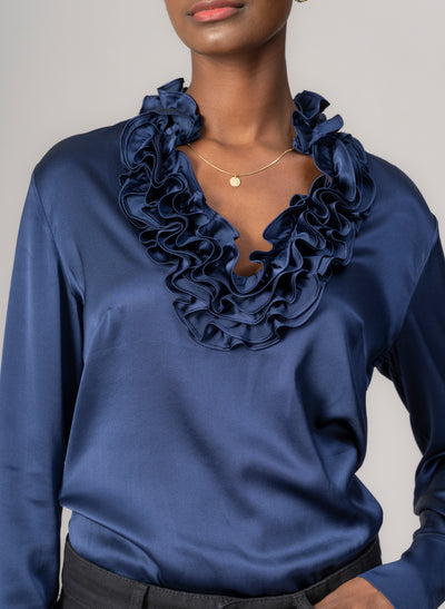Constance Sapphire Ruffle Collar Silk Satin Evening Blouse