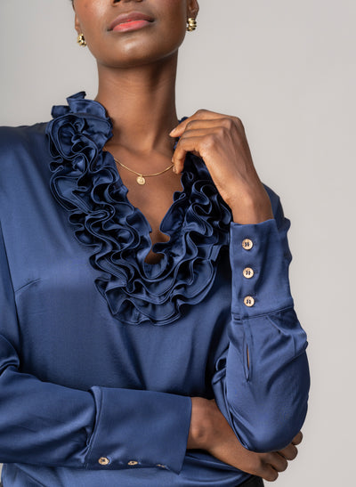Constance Sapphire Ruffle Collar Silk Satin Evening Blouse