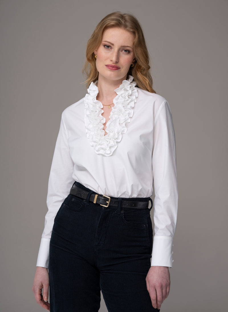 Constance Regular Fit Ruffle Collar Blouse In White Cotton Poplin – The ...