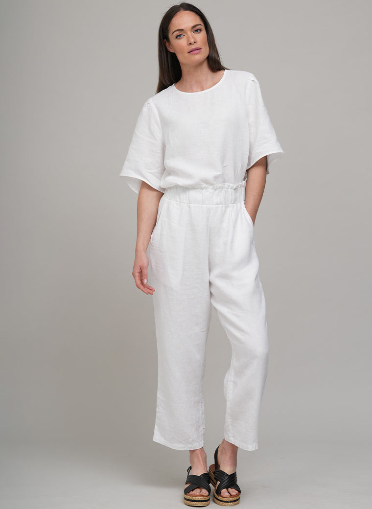 COSETTE EASY FIT ANKLE GRAZER WIDE LEG LINEN TROUSERS IN WHITE