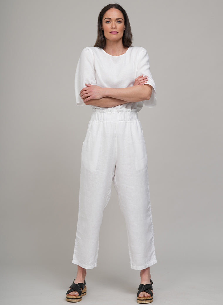 COSETTE EASY FIT ANKLE GRAZER WIDE LEG LINEN TROUSERS IN WHITE