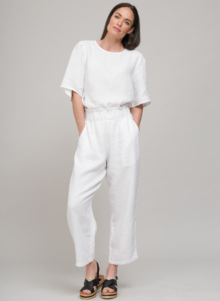 COSETTE EASY FIT ANKLE GRAZER WIDE LEG LINEN TROUSERS IN WHITE