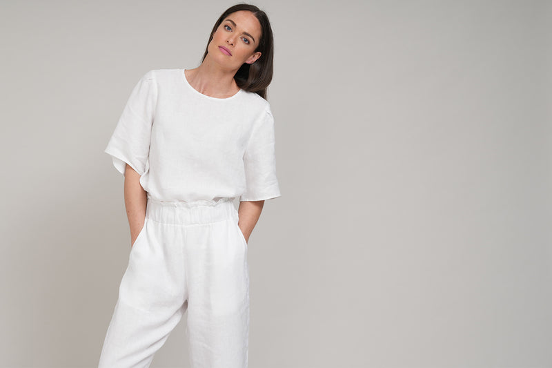 COSETTE EASY FIT ANKLE GRAZER WIDE LEG LINEN TROUSERS IN WHITE