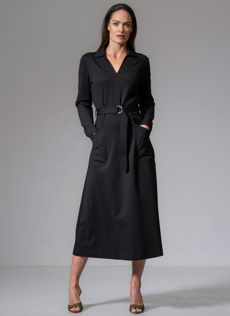 Cuthbert Black Comfortable Sculpt Knit Open Collar Midi Shirt Dress