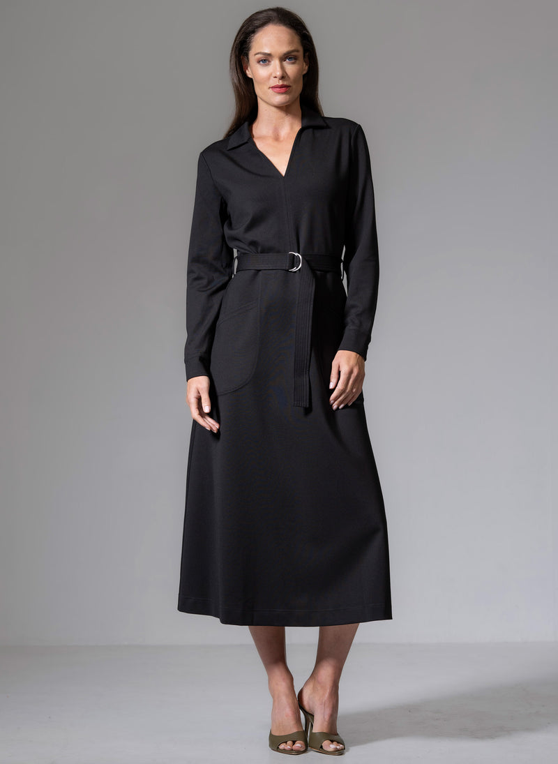 Cuthbert Black Comfortable Sculpt Knit Open Collar Midi Shirt Dress