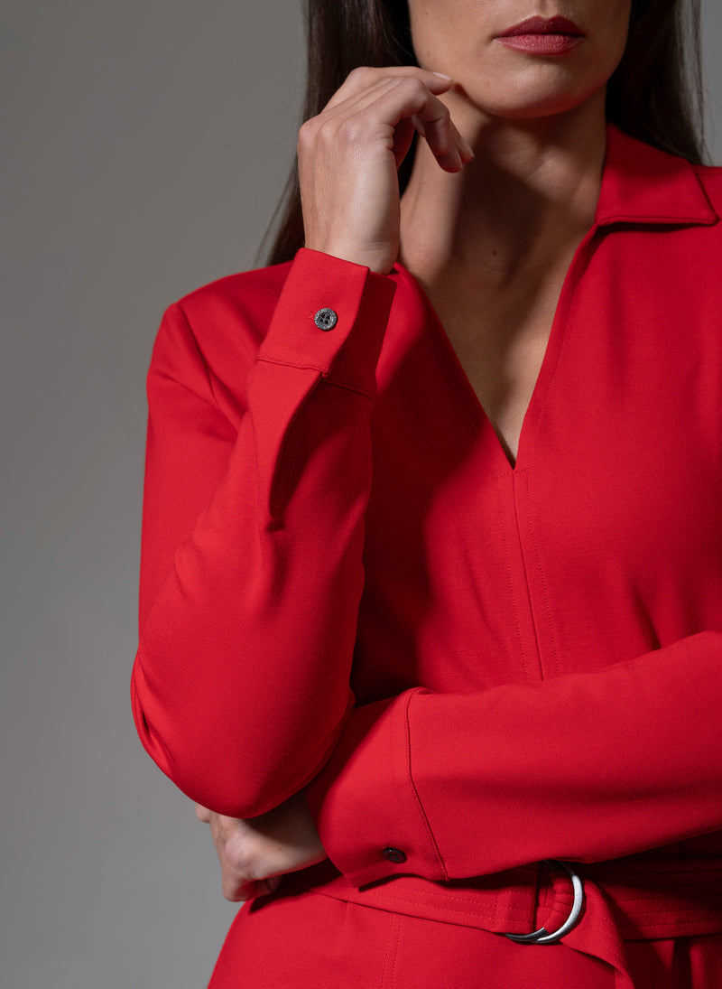 Cuthbert Red Comfortable Sculpt Knit Open Collar Midi Shirt Dress