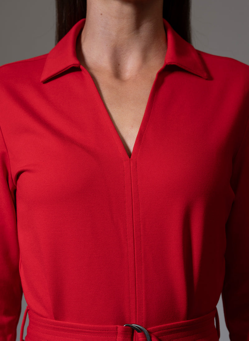 Cuthbert Red Comfortable Sculpt Knit Open Collar Midi Shirt Dress