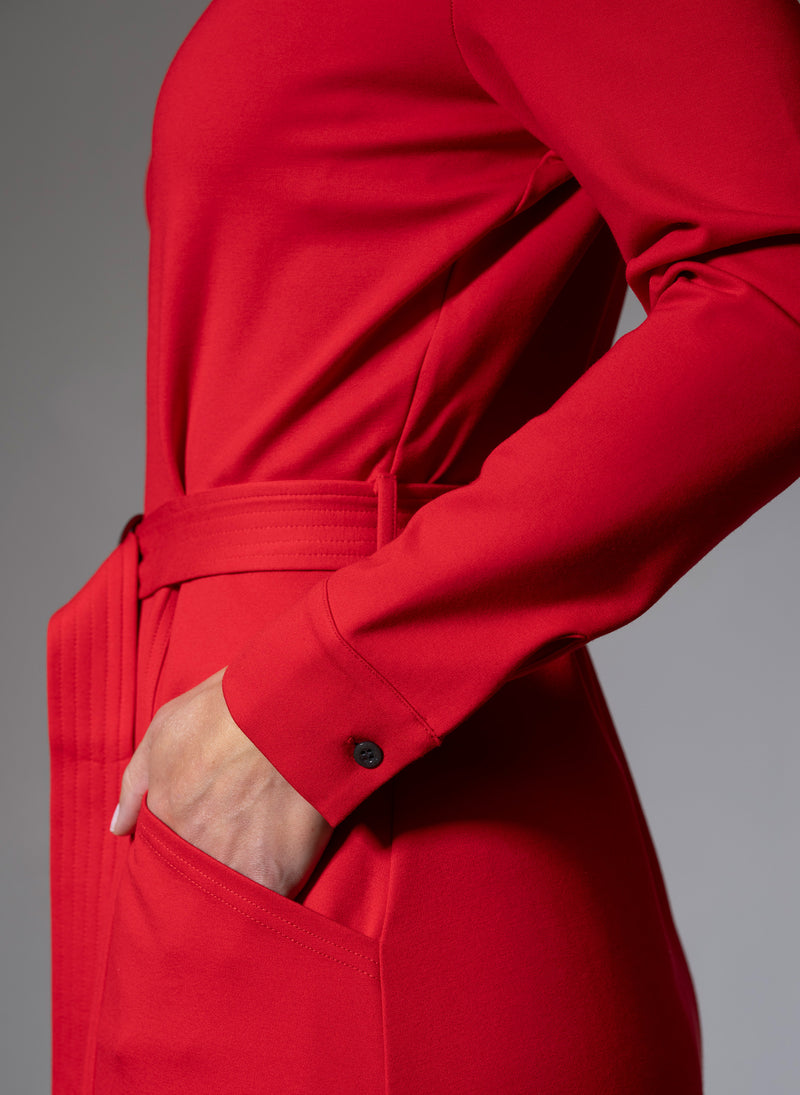 Cuthbert Red Comfortable Sculpt Knit Open Collar Midi Shirt Dress