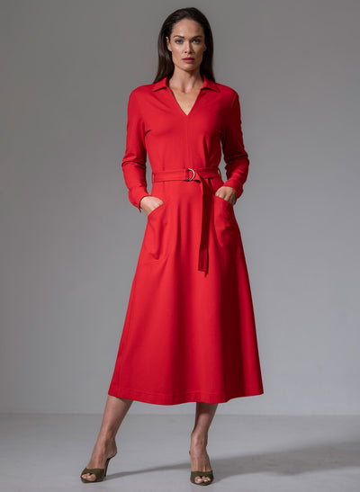 Cuthbert Red Comfortable Sculpt Knit Open Collar Midi Shirt Dress