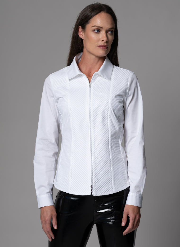 Elenora White Plisse Panel Tailored Zip-up Front Shirt