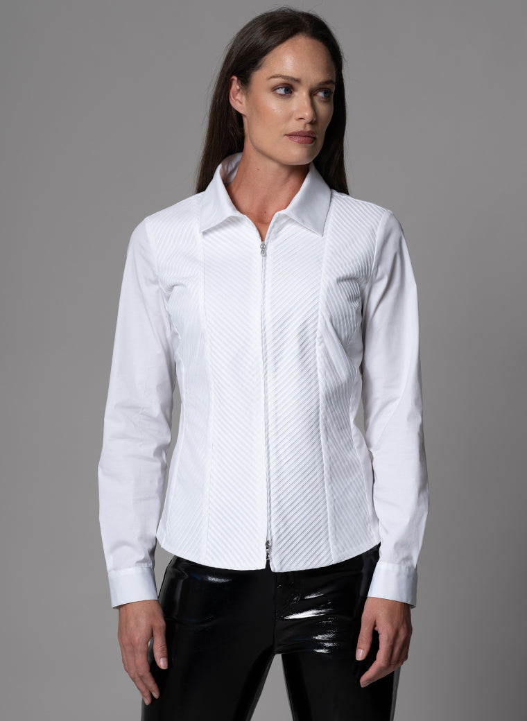 ELENORA WHITE PLISSE PANEL TAILORED ZIP-UP FRONT SHIRT