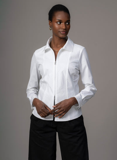 Elenora White Plisse Panel Tailored Zip-up Front Shirt