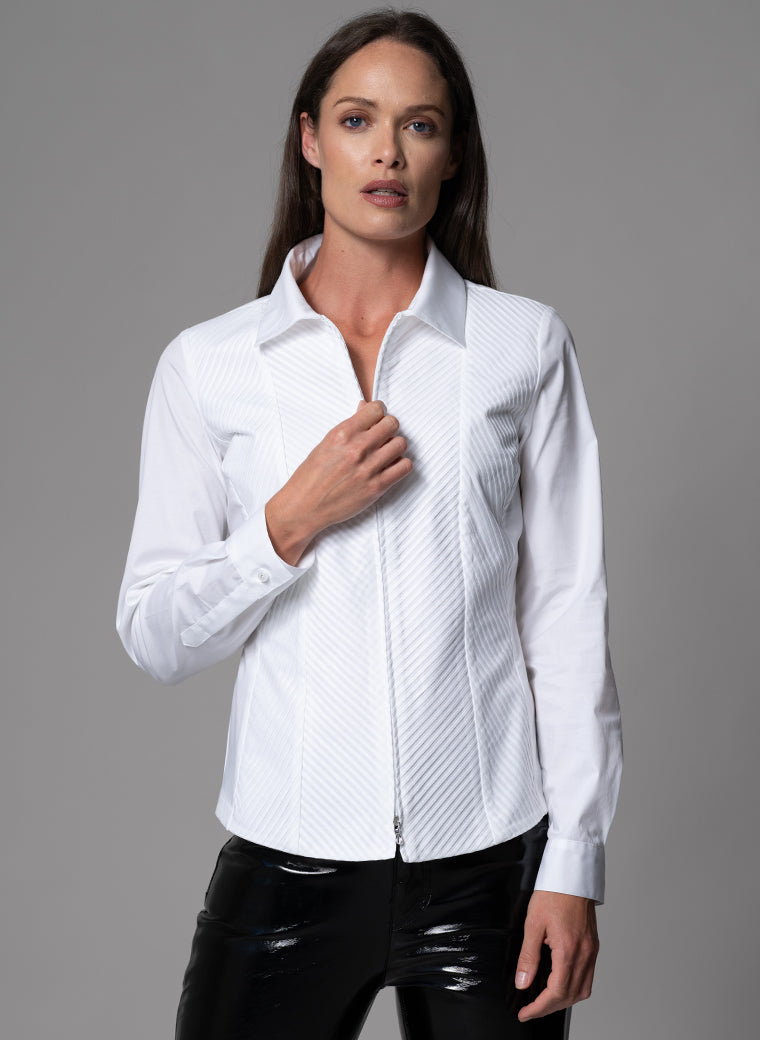Elenora White Plisse Panel Tailored Zip-up Front Shirt