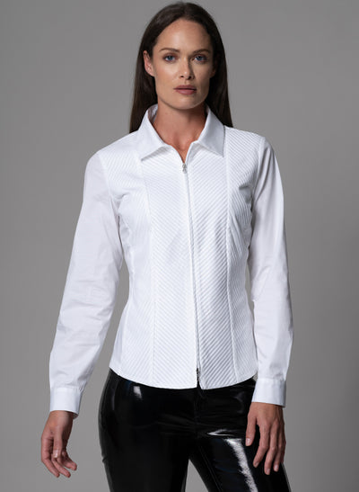 Elenora White Plisse Panel Tailored Zip-up Front Shirt