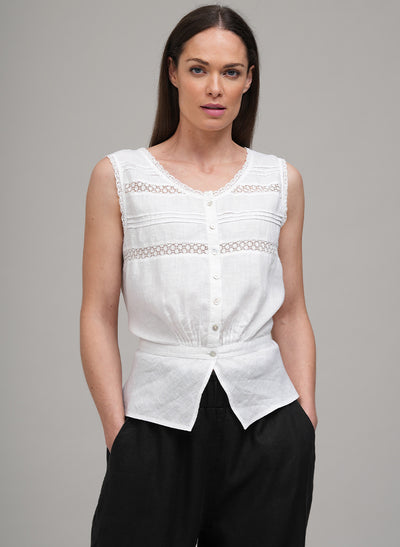 ELSIE EDWARDIAN LACE AND LINEN SLEEVELESS BLOUSE IN WHITE