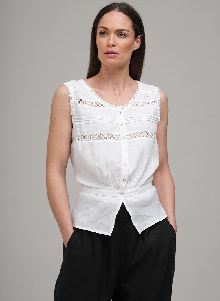 ELSIE EDWARDIAN LACE AND LINEN SLEEVELESS BLOUSE IN WHITE