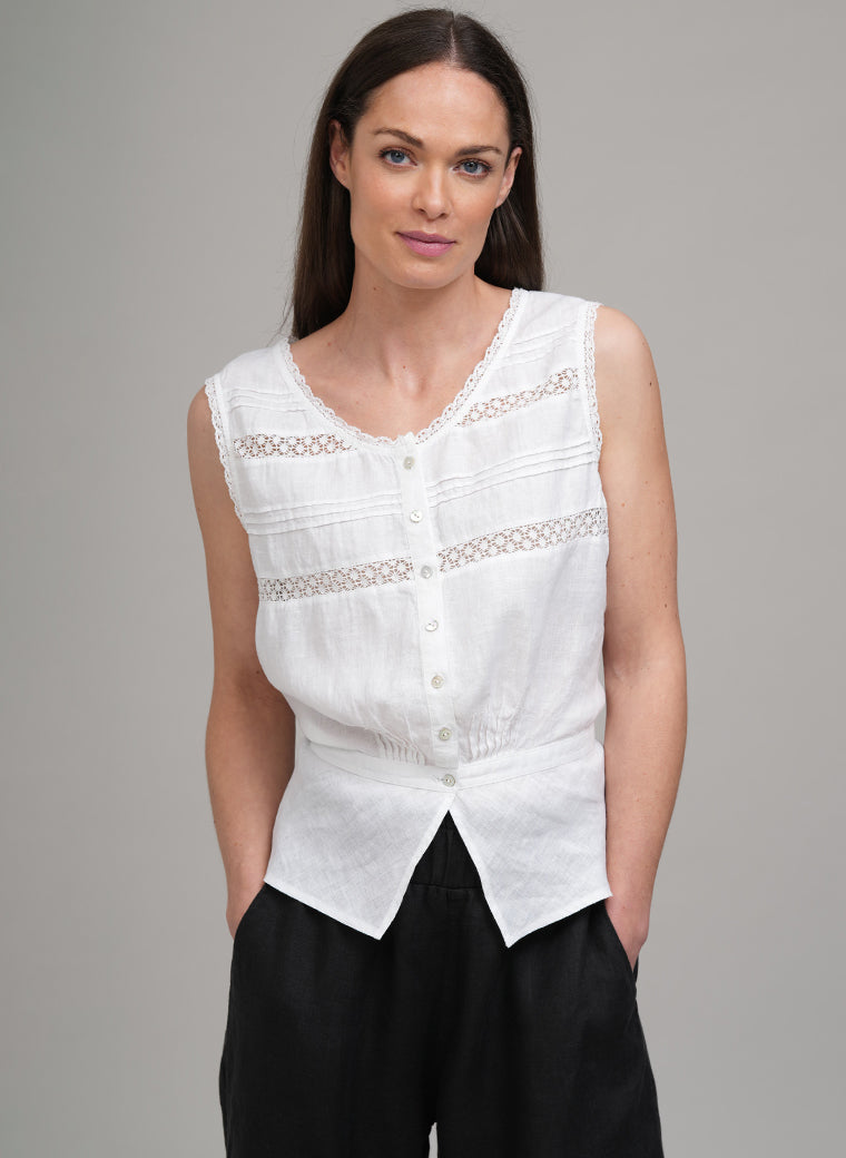 ELSIE EDWARDIAN LACE AND LINEN SLEEVELESS BLOUSE IN WHITE