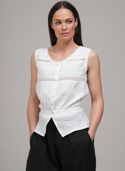 ELSIE EDWARDIAN LACE AND LINEN SLEEVELESS BLOUSE IN WHITE