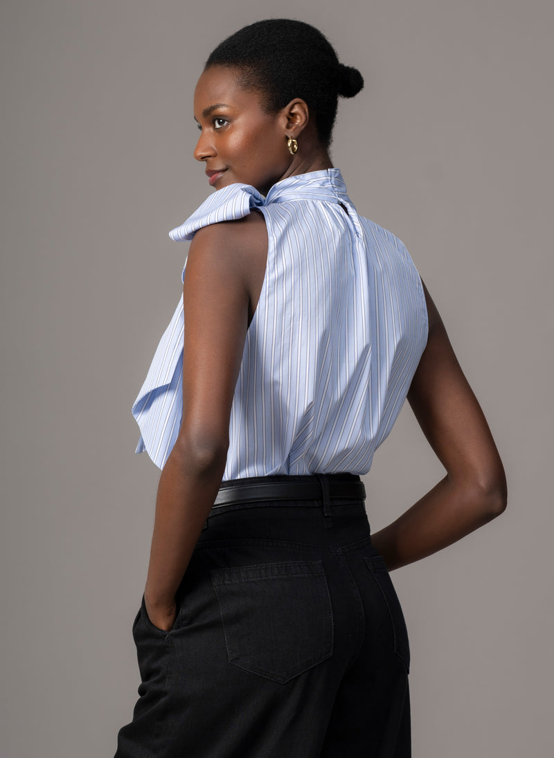 Emilia Blue Stripe Cotton Poplin Sleeveless Pussybow Shirt
