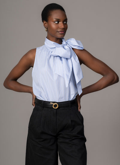 Emilia Blue Stripe Cotton Poplin Sleeveless Pussybow Shirt