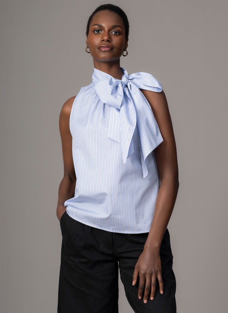 Emilia Blue Stripe Cotton Poplin Sleeveless Pussybow Shirt