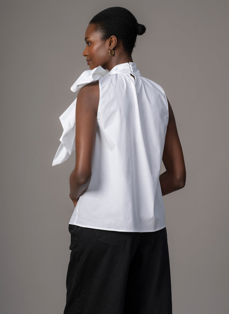 Emilia White Cotton Poplin Sleeveless Pussybow Shirt