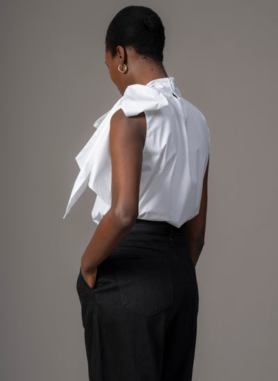 Emilia White Cotton Poplin Sleeveless Pussybow Shirt