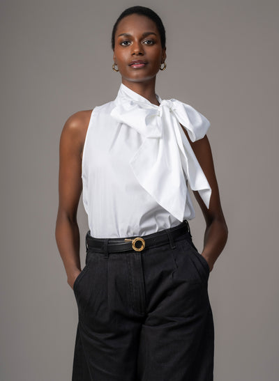 Emilia White Cotton Poplin Sleeveless Pussybow Shirt