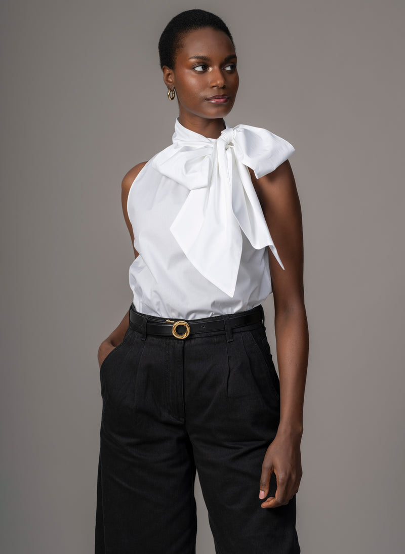 Emilia White Cotton Poplin Sleeveless Pussybow Shirt
